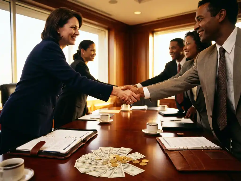 Professional businesswoman in navy suit shaking hands with diverse stakeholders at conference table with financial reports and money