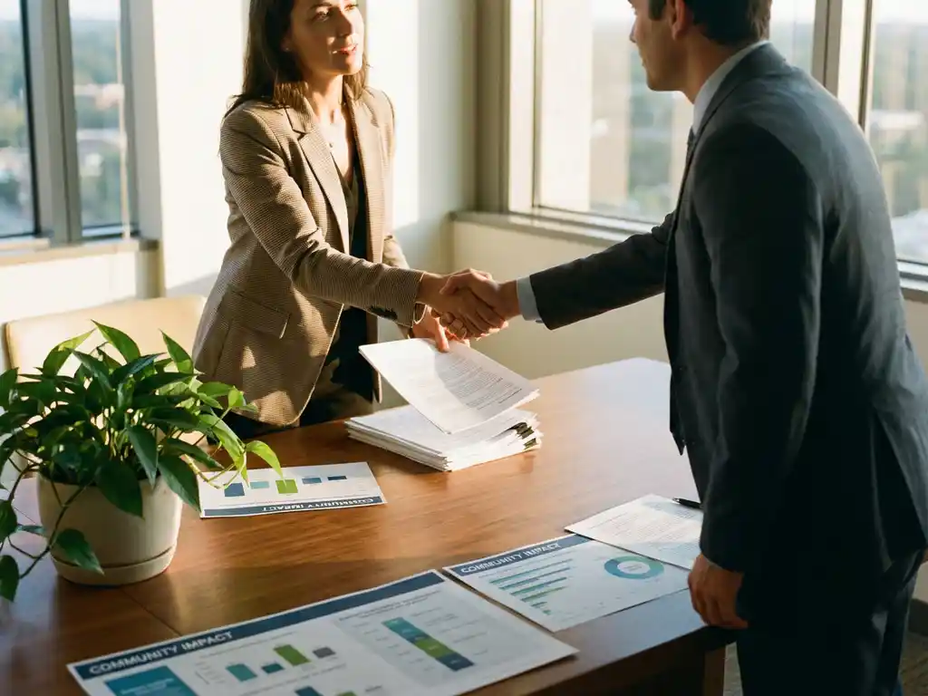Two business professionals shaking hands over documents at wooden conference table with community impact charts and plant
