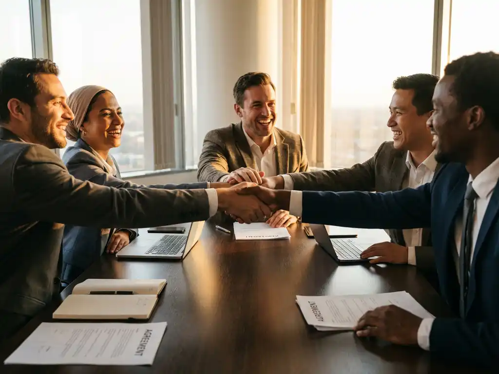 Business professional shaking hands with diverse stakeholders around conference table, showing successful collaboration and partnership.