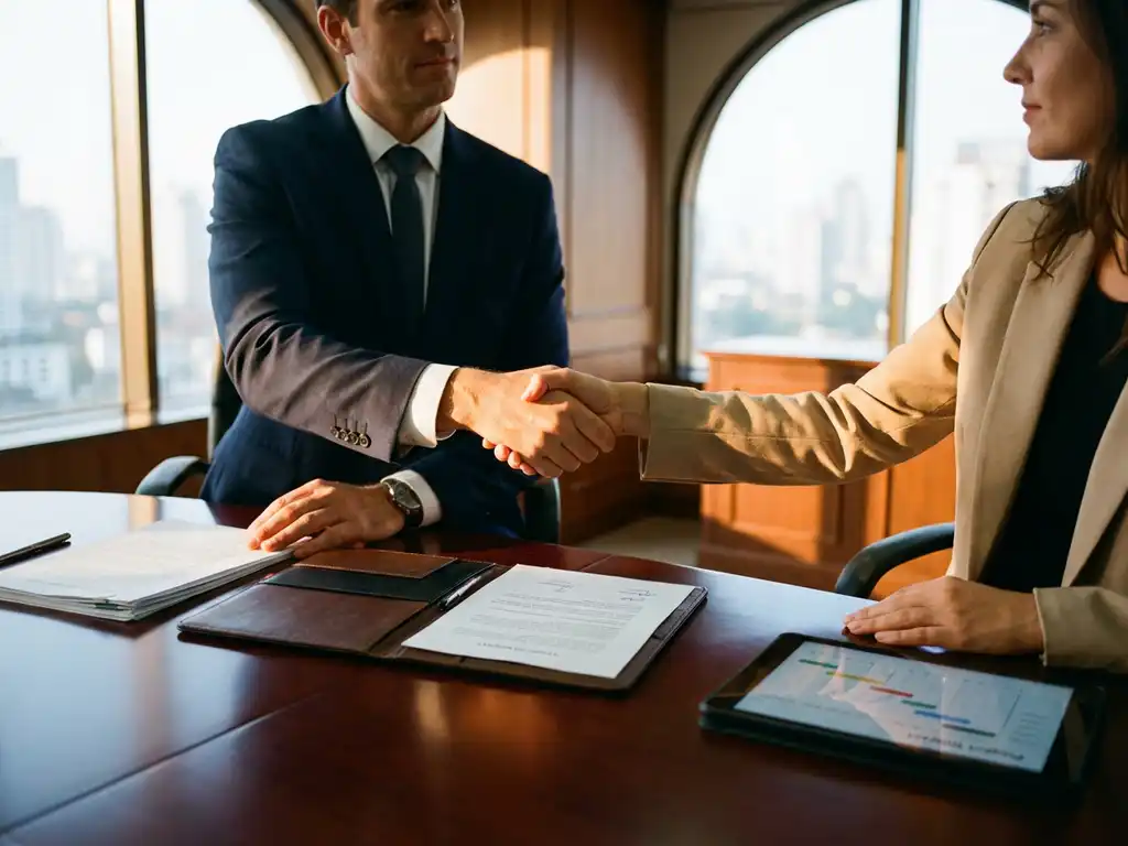 Two business professionals shaking hands over signed partnership agreement on mahogany conference table with documents and tablets