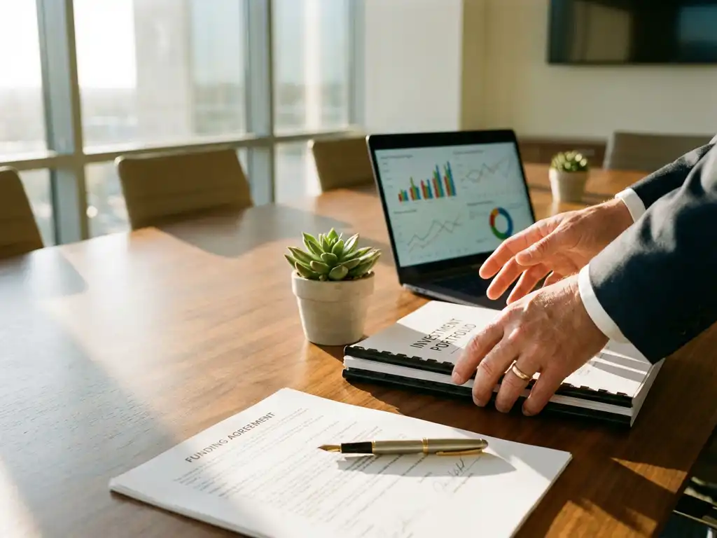 Business meeting setup with laptop showing financial charts, investment documents, green plant, and hands reaching for papers on wooden conference table