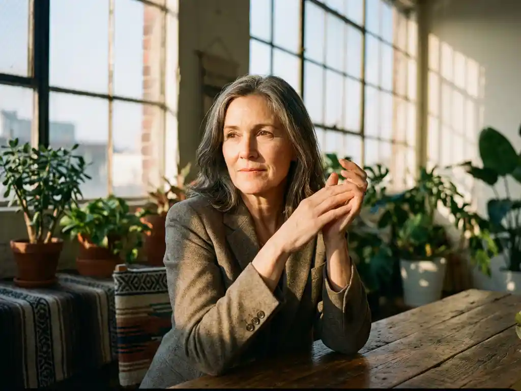 Business leader sitting confidently at wooden conference table with clasped hands, surrounded by plants in sunlit office.