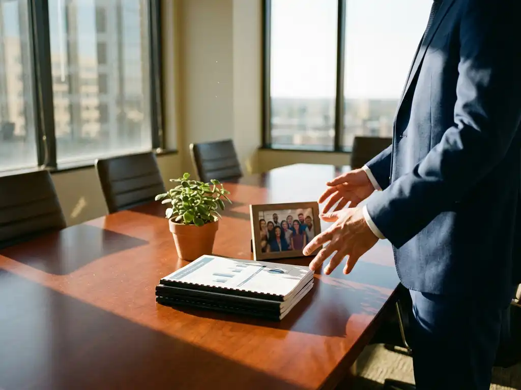 Business leader in navy suit at conference table with plant, financial reports, and employee photo representing triple bottom line