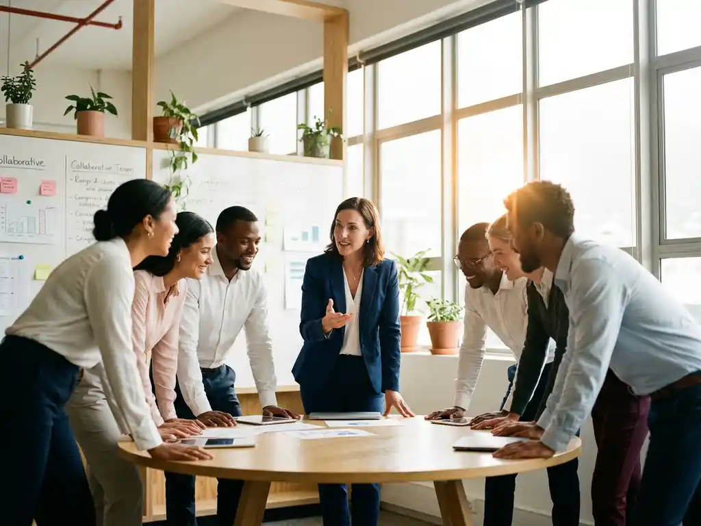 Confident middle manager facilitating team meeting at circular conference table in modern office with engaged colleagues