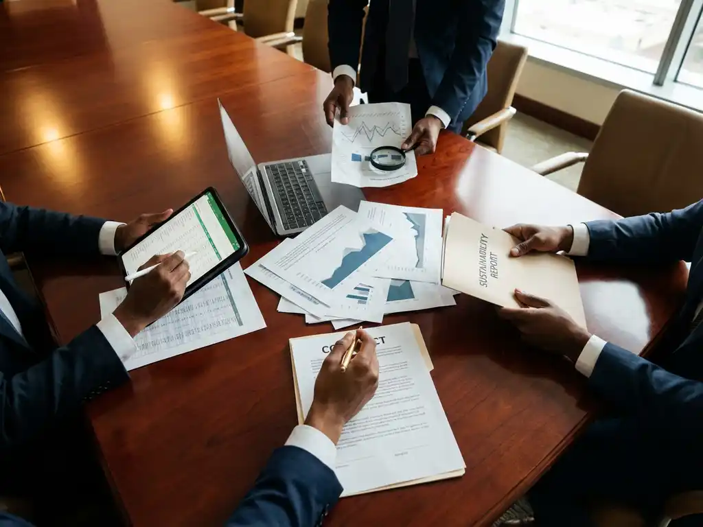 Diverse business professionals' hands reaching toward documents and charts on mahogany conference table during meeting.