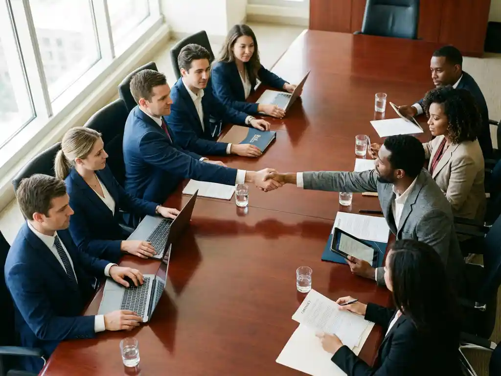 Business professionals shaking hands across mahogany conference table during corporate meeting with documents and laptops