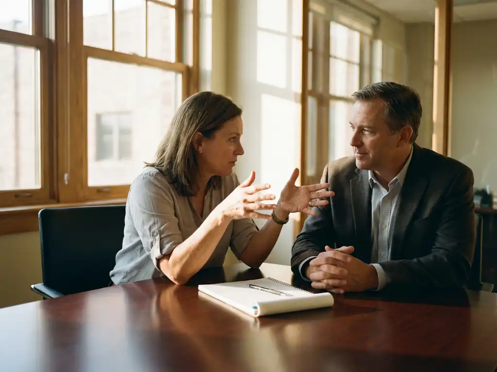 Two business professionals in engaged conversation at conference table, one gesturing with open palms while other listens attentively