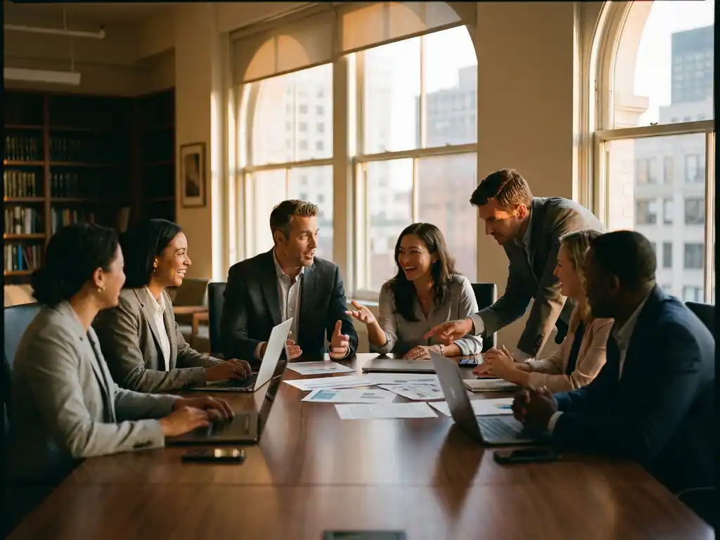 Diverse business professionals collaborating around conference table with documents and laptops in bright office setting.