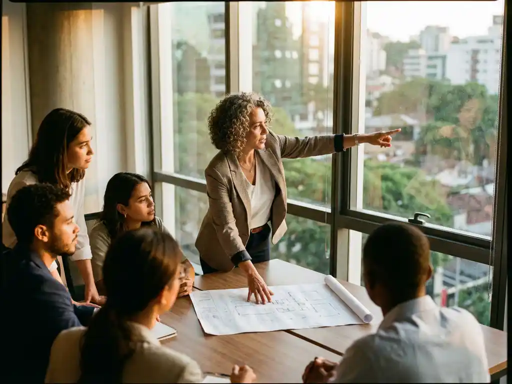 Business mentor guiding diverse young professionals around conference table with architectural plans and city view