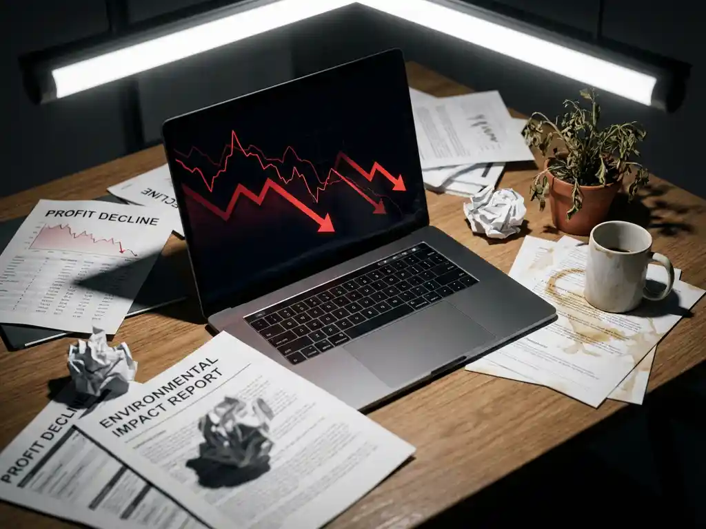 Laptop displaying financial charts on cluttered office desk with declining profit reports, wilting plant, and coffee-stained documents