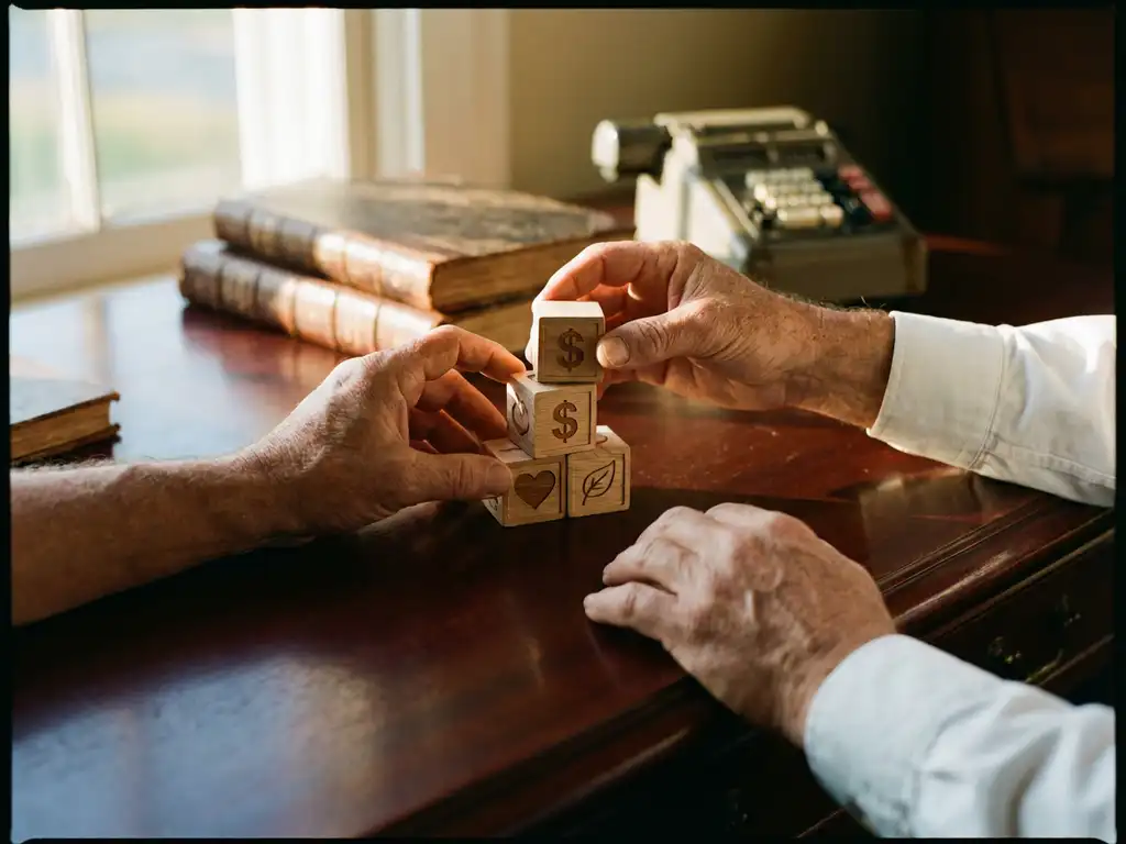 Small business owner balancing wooden blocks with dollar, heart, and leaf symbols on mahogany desk in sunlit office