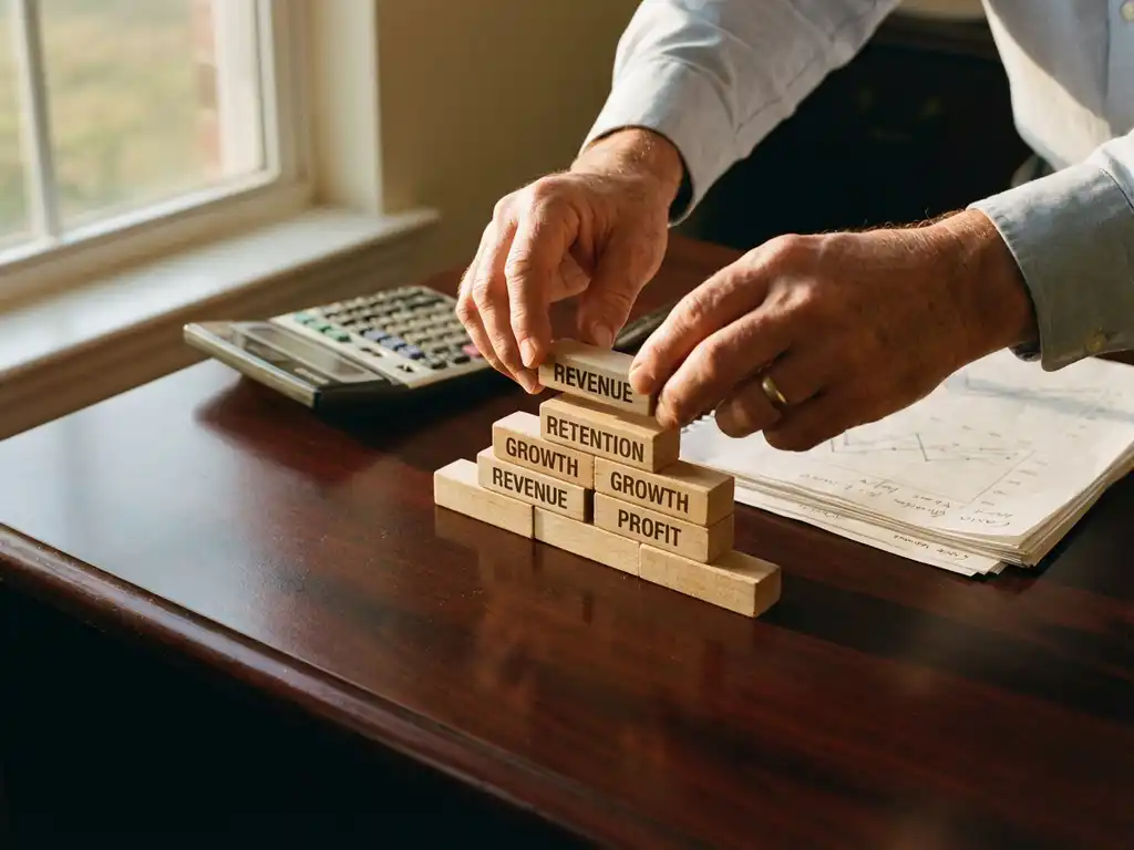 Business owner's hands arranging wooden blocks representing metrics on desk with calculator and financial charts