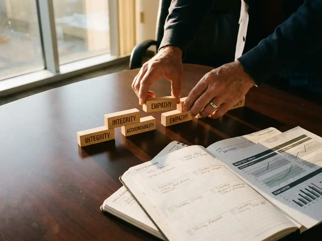 Business owner arranging wooden blocks labeled with core values on conference table with schedule papers and charts