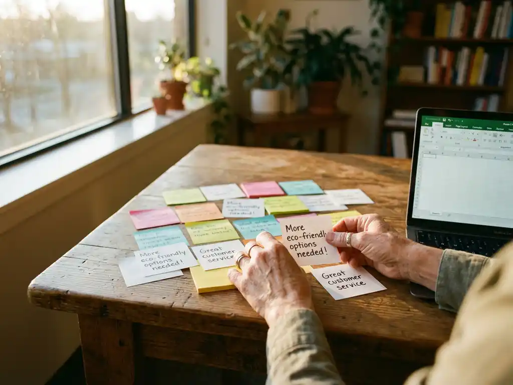 Small business owner organizing colorful sticky notes and feedback cards on wooden table with laptop spreadsheet nearby