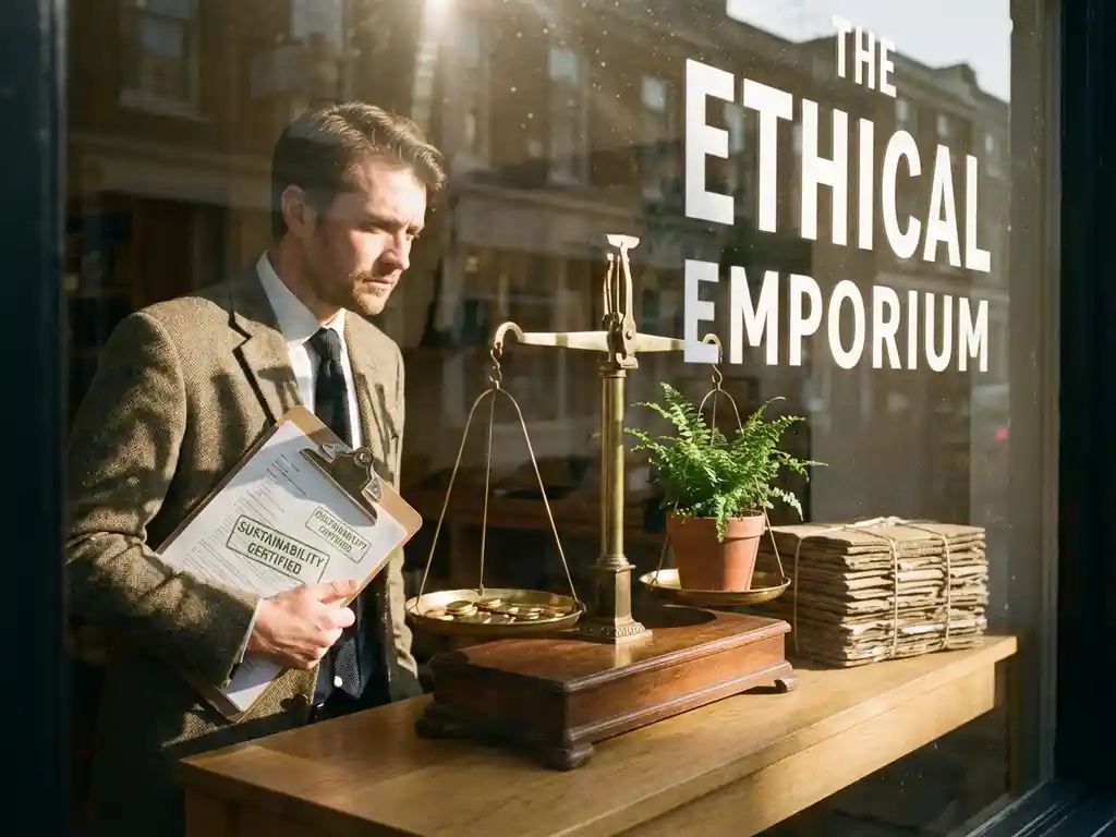 Business owner with sustainability clipboard contemplating balance scale weighing profit coins against plants in retail store