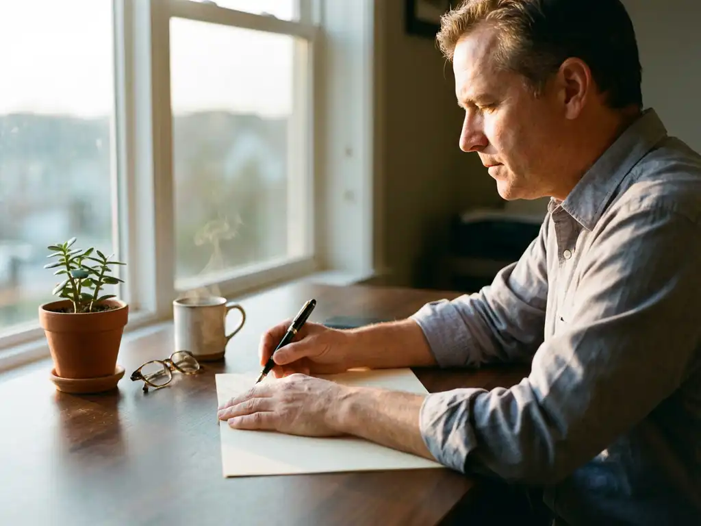 Business owner writing with fountain pen at wooden desk with coffee and plant in warm natural light