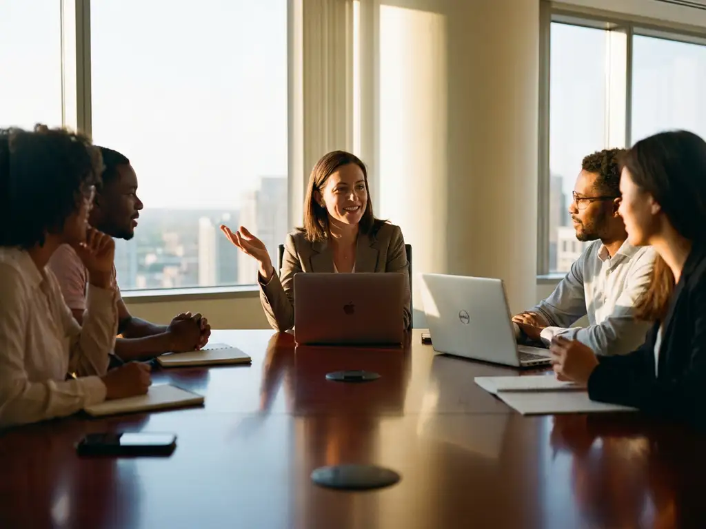 Business professional leading meeting with diverse colleagues around conference table in bright office