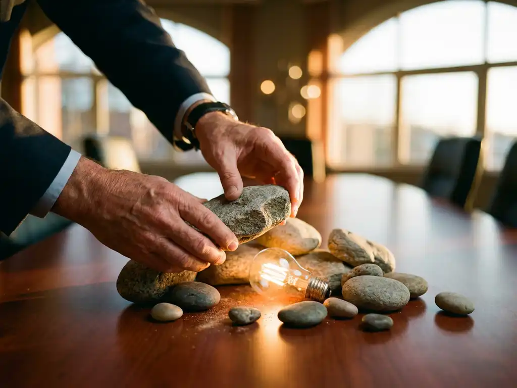 Business professional's hands removing stone from stack on conference table, revealing glowing lightbulb underneath in sunlit office