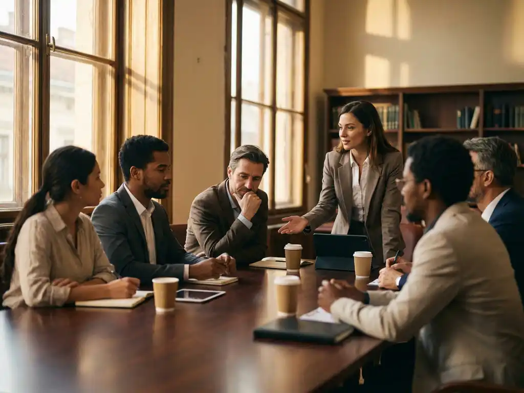 Diverse business professionals in collaborative discussion around conference table with natural lighting and engaged body language.