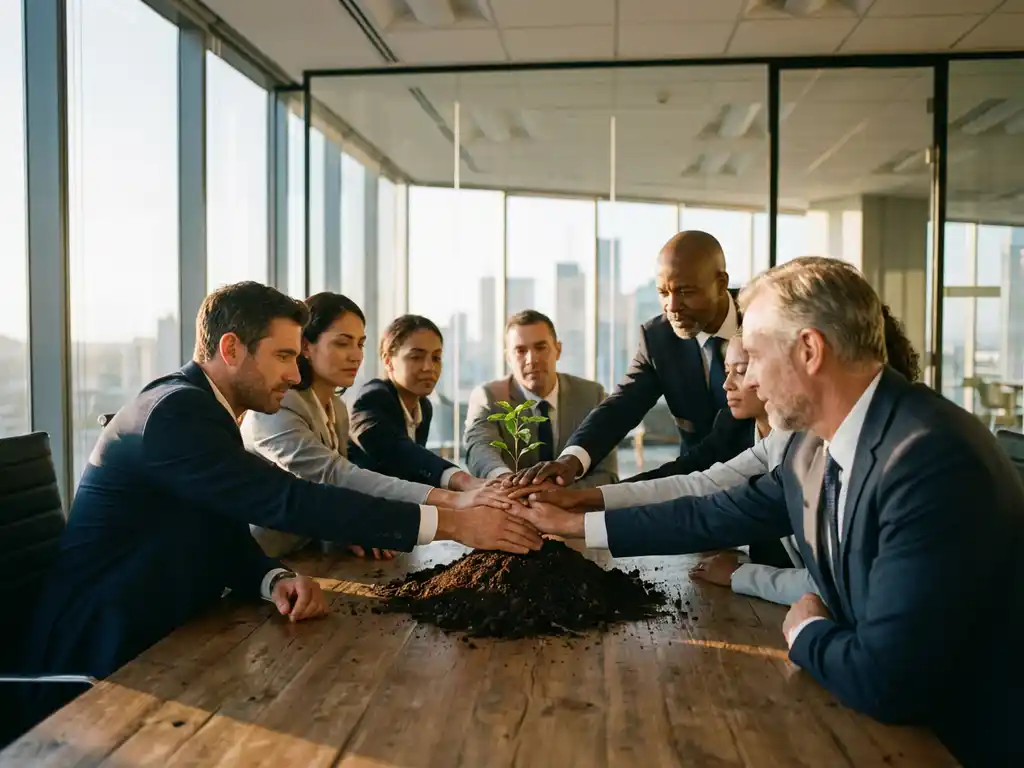 Diverse business professionals placing green seedling in soil on conference table in modern office with city skyline view.