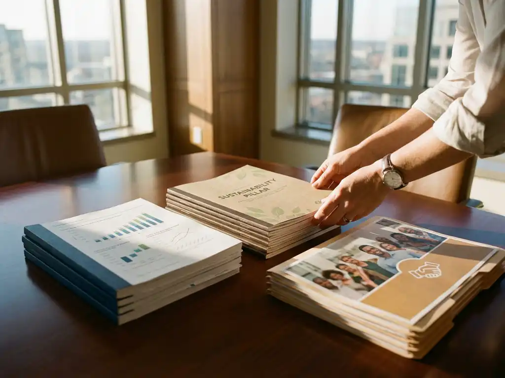 Professional hands organizing business reports on wooden conference table showing financial, environmental, and social impact documents in executive boardroom