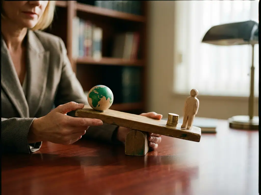 Businesswoman's hands holding wooden balance scale with globe, coins, and human figure representing sustainability challenges
