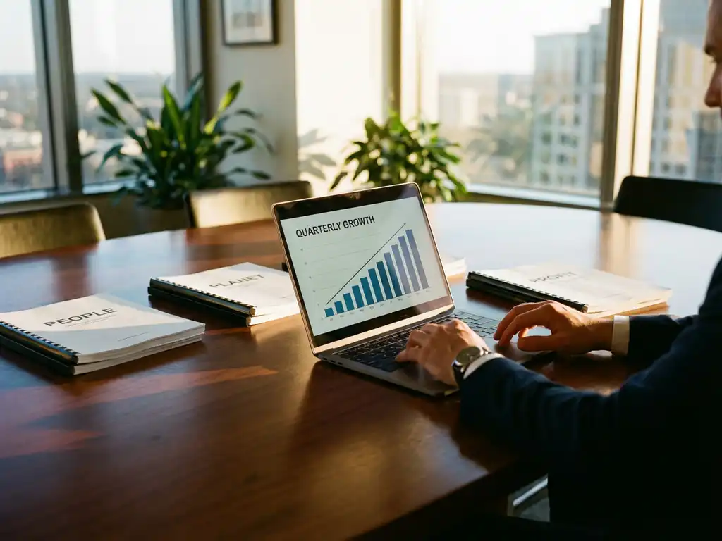 Businessman's hands typing on laptop displaying growth chart at conference table with three document stacks representing sustainability pillars