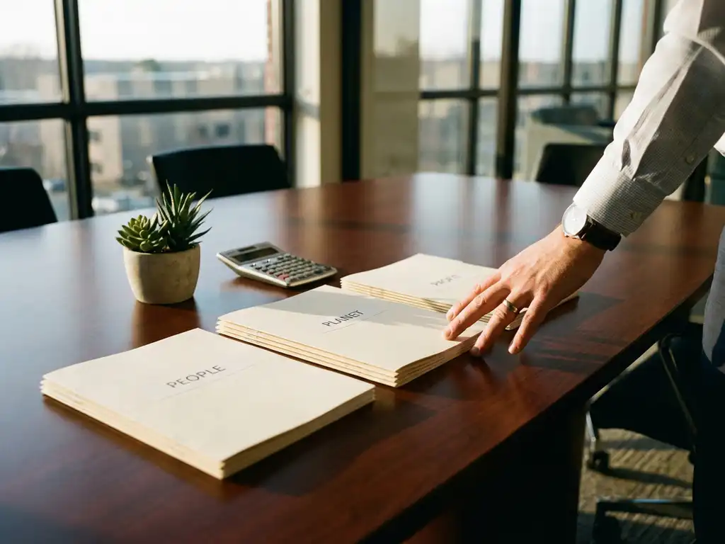 Professional hands organizing three document stacks labeled people, planet, profit on wooden conference table with calculator and plant