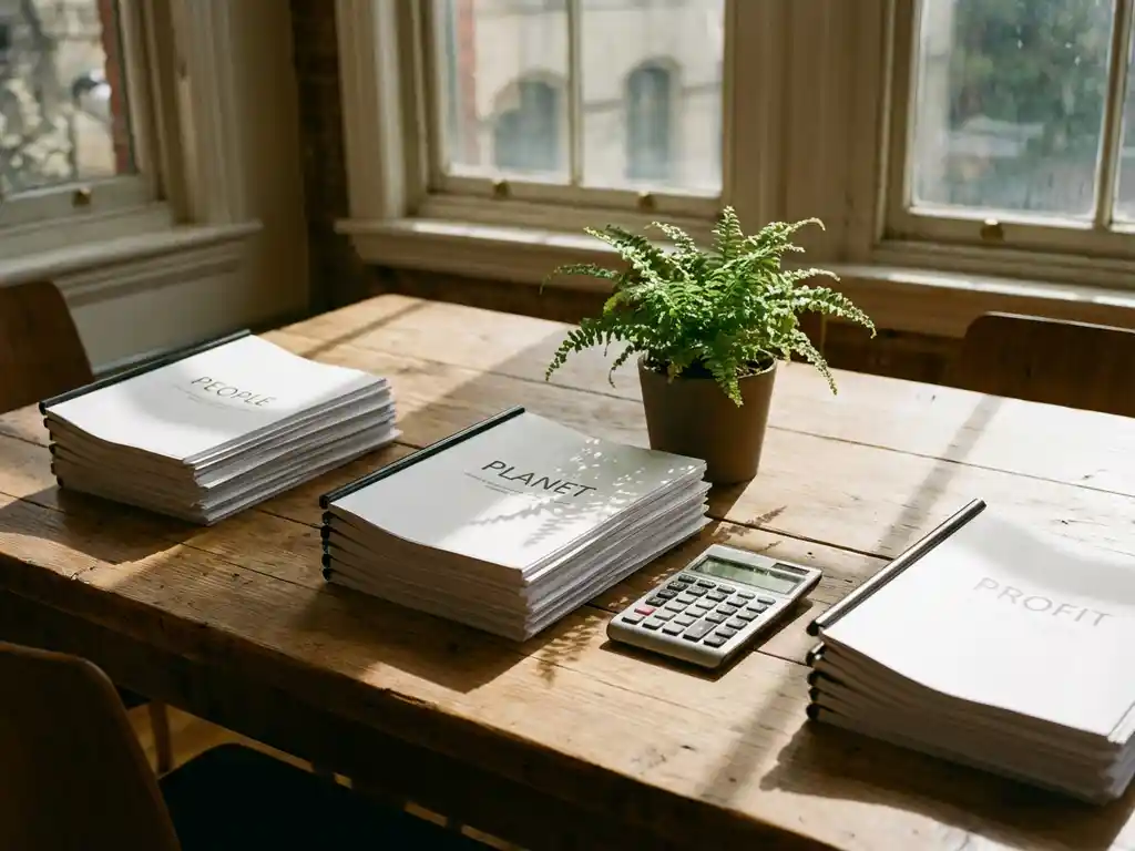 Wooden conference table with three document stacks, calculator, and potted plant in natural window lighting