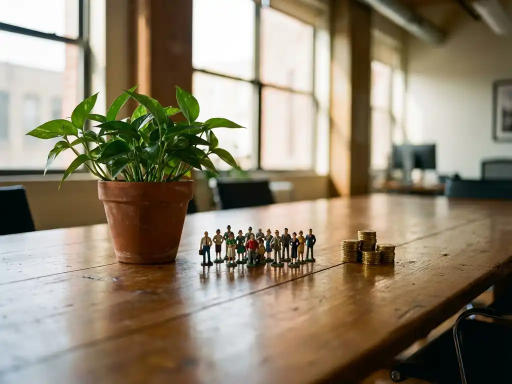 Wooden conference table with three aligned objects: green plant in terracotta pot, diverse figurines, and gold coins stack