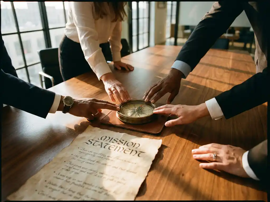 Business professionals reaching toward compass on conference table pointing to mission statement document