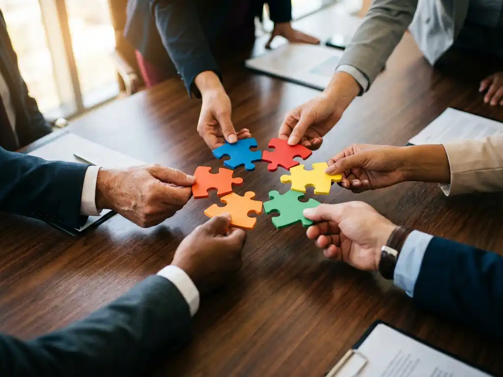 Diverse business professionals' hands placing colorful puzzle pieces together in circle on boardroom table