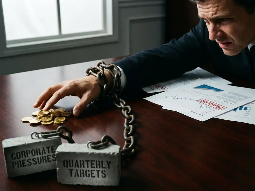 Businessman reaching for gold coins while chained to concrete blocks labeled with corporate pressures on mahogany desk.