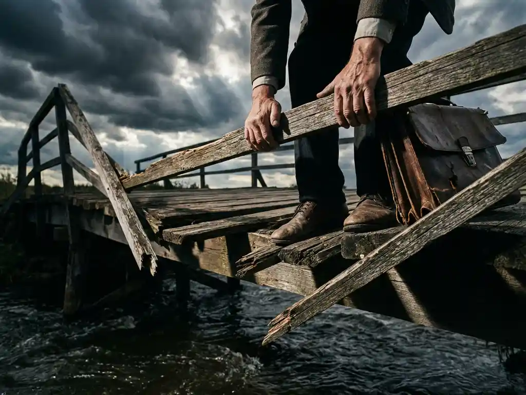 Businessman gripping crumbling wooden bridge railing with briefcase, storm clouds overhead, dramatic lighting emphasizing vulnerability.