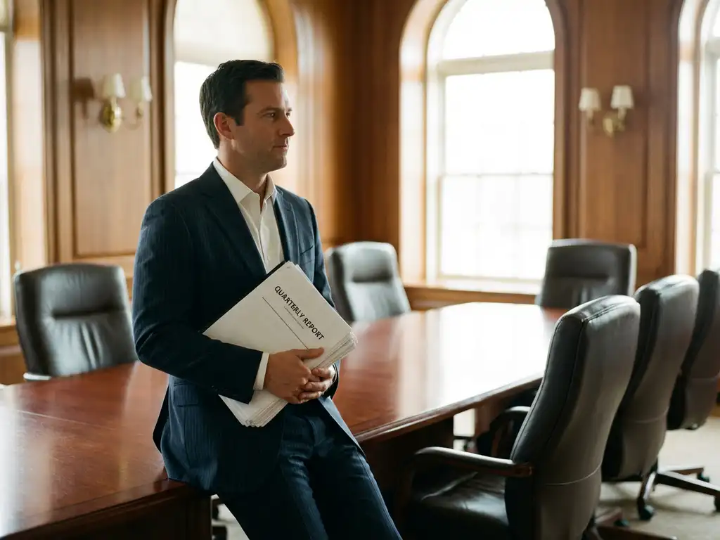 Professional businessman in suit holding financial documents at mahogany boardroom table with empty leather chairs