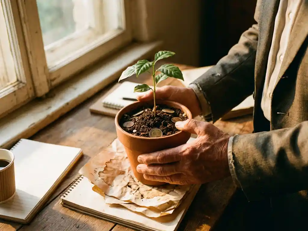 Businessman's hands holding small green plant sprouting from soil with scattered coins and documents on wooden desk