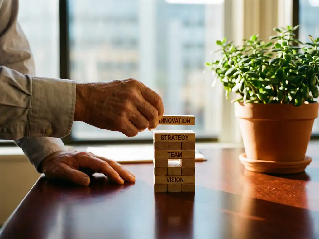 Businessman's hands stacking wooden blocks into tower on mahogany desk with potted plant, golden sunlight streaming through windows
