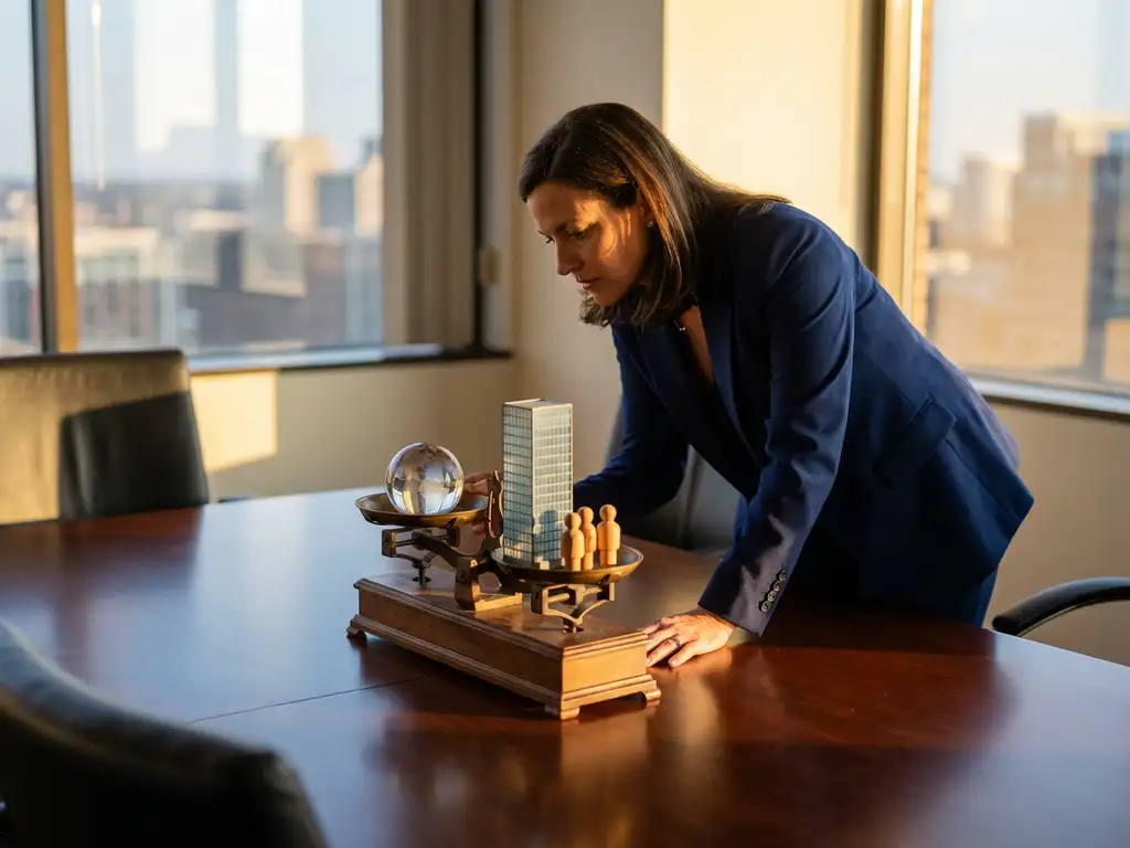 Businesswoman examining balance scale with globe, building model, and wooden figures representing sustainability concepts in executive office