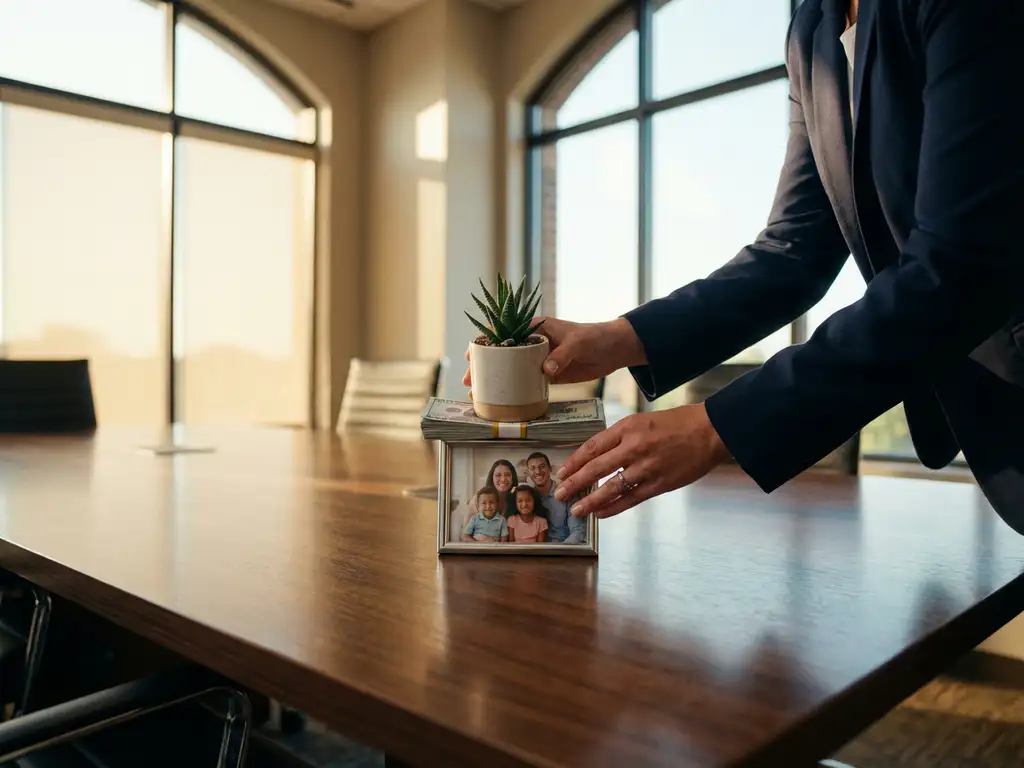 Businesswoman's hands balancing plant, money, and family photo on conference table representing sustainability priorities