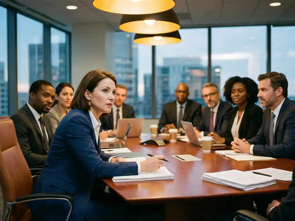 Professional businesswoman in navy suit leading diverse team meeting at conference table in corporate boardroom