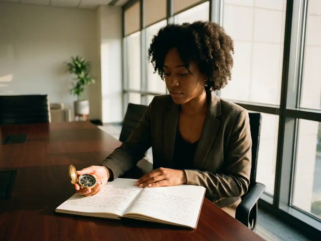 Professional businesswoman at conference table holding compass while reviewing handwritten company principles notebook