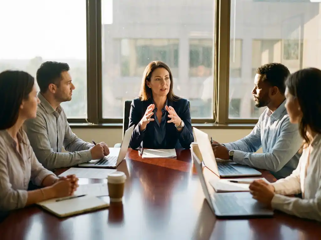 Professional businesswoman in navy suit gesturing during meeting with diverse colleagues around conference table