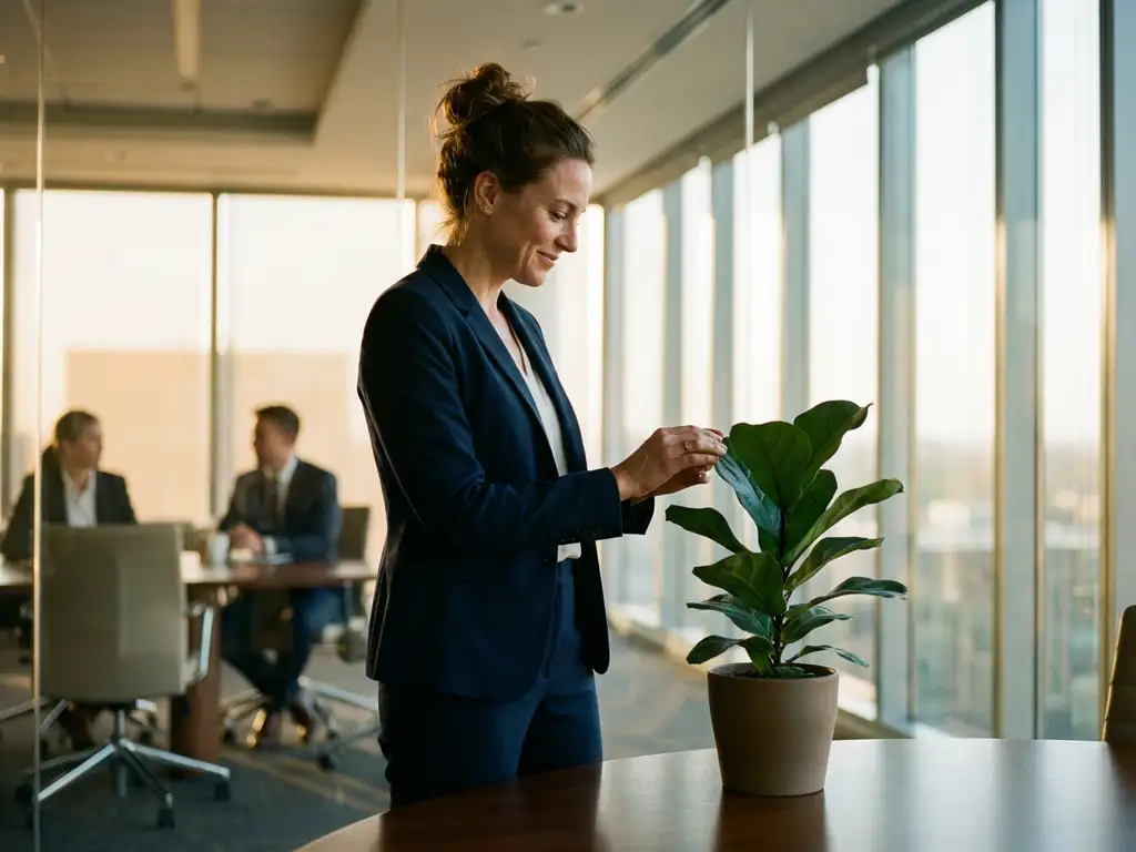 Professional businesswoman in navy suit touching green plant in modern conference room with natural sunlight