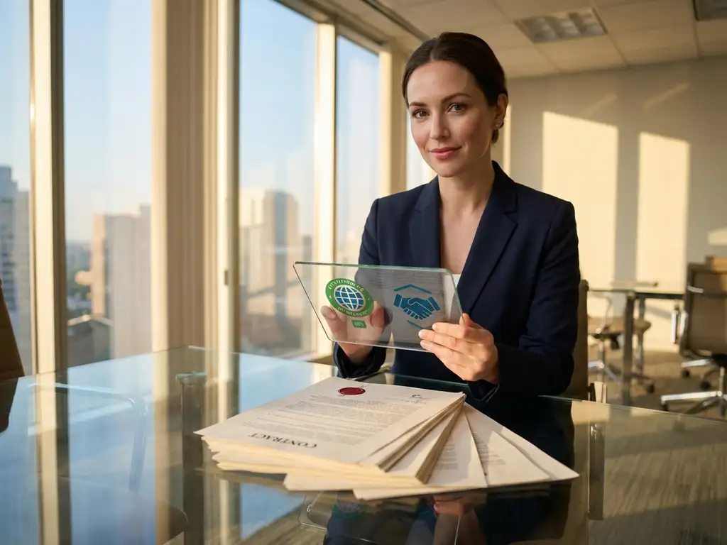 Professional businesswoman in navy suit holding digital tablet with certification symbols over paper contracts on glass conference table