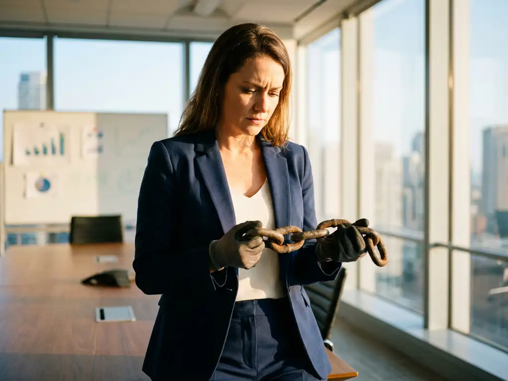 Businesswoman in navy suit examining broken metal supply chain link in modern corporate boardroom with sunlight streaming through windows