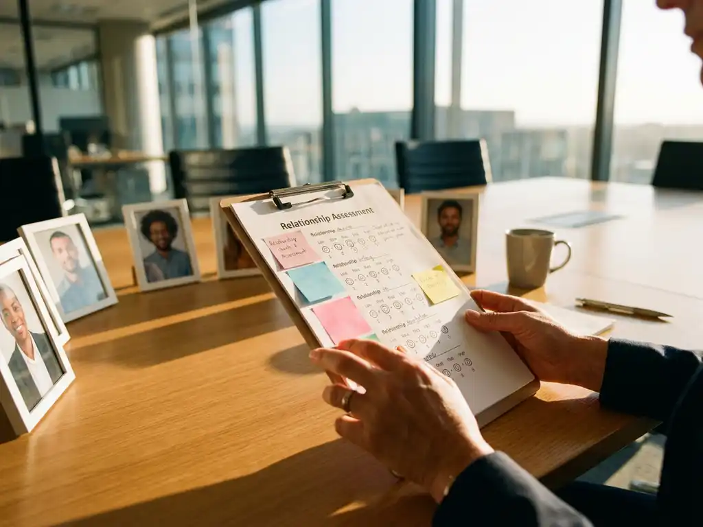 Businesswoman holding clipboard with relationship assessment charts and rating scales on conference table with stakeholder photos