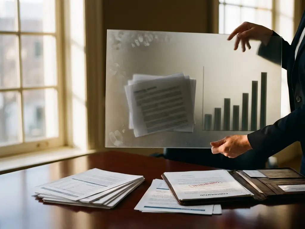 Businesswoman's hands holding frosted glass panel with document silhouettes above financial reports on conference table