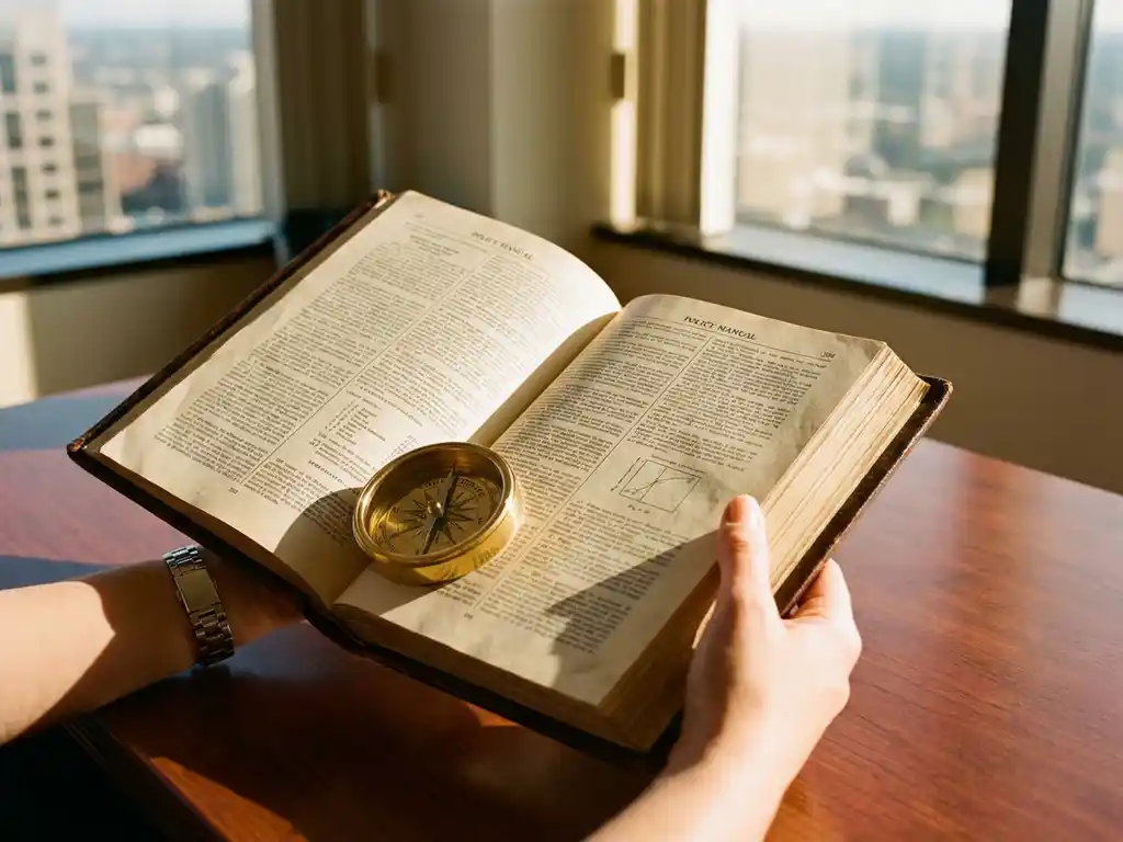 Businesswoman's hands holding open policy manual with golden compass pointing north on mahogany desk in sunlit office