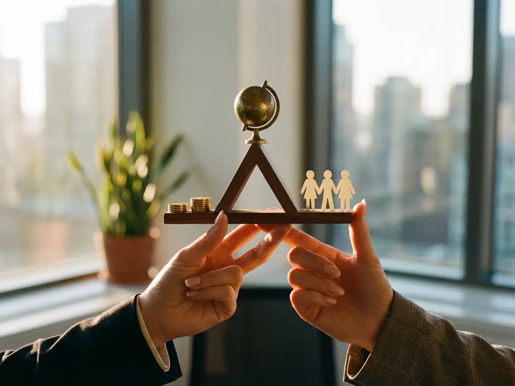 Businesswoman balancing wooden triangle with globe, coins, and people figures representing business priorities
