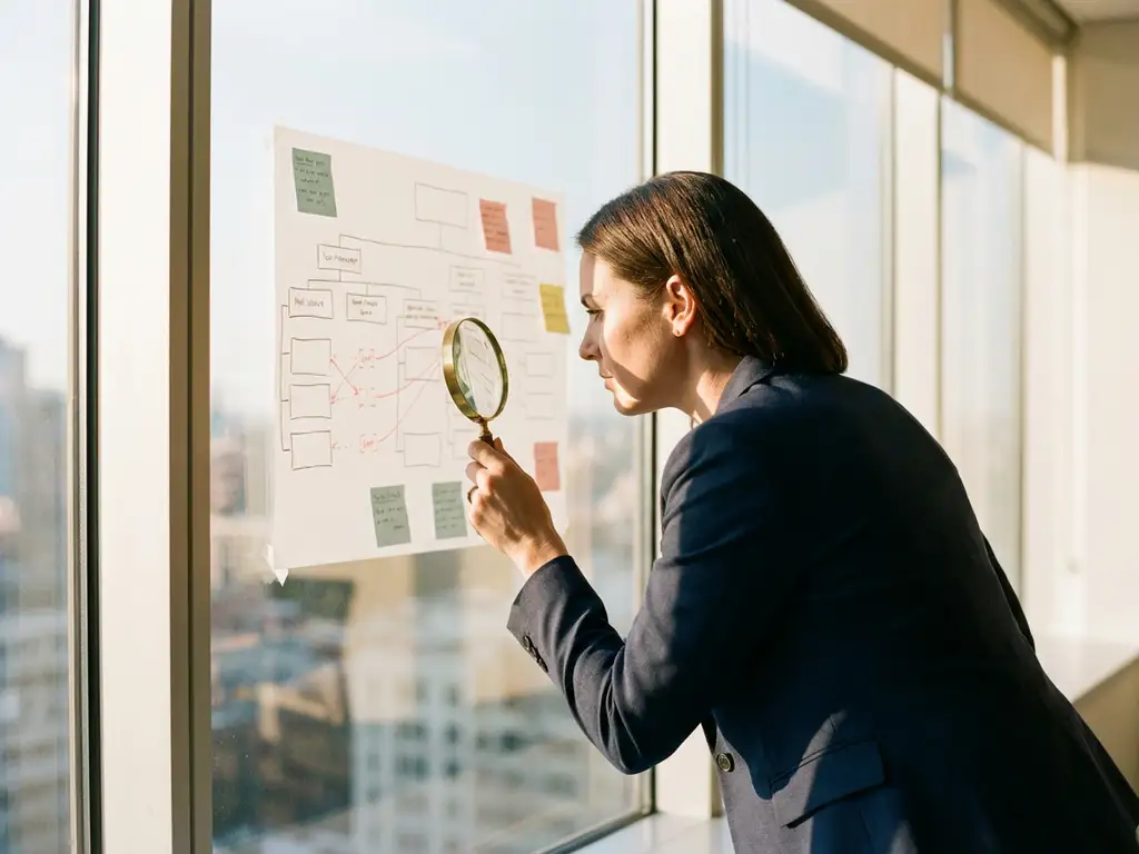 Professional businesswoman in navy suit examining organizational chart with magnifying glass at office window during golden hour.